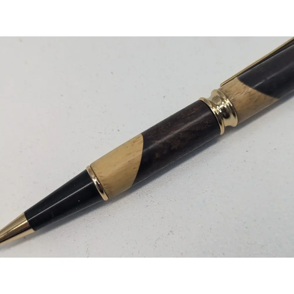 Hand Turned Twist Pen‎ Black And Gold Walnut Maple Blend